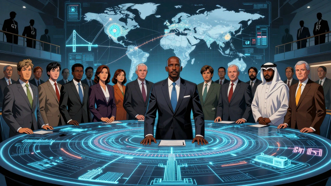 Diverse diplomats at a circular table building global networks while G7 figures watch from afar.