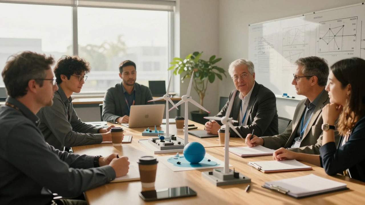 Diverse team of engineers and advisors collaborating around prototypes and whiteboards in a well-lit innovation meeting room.