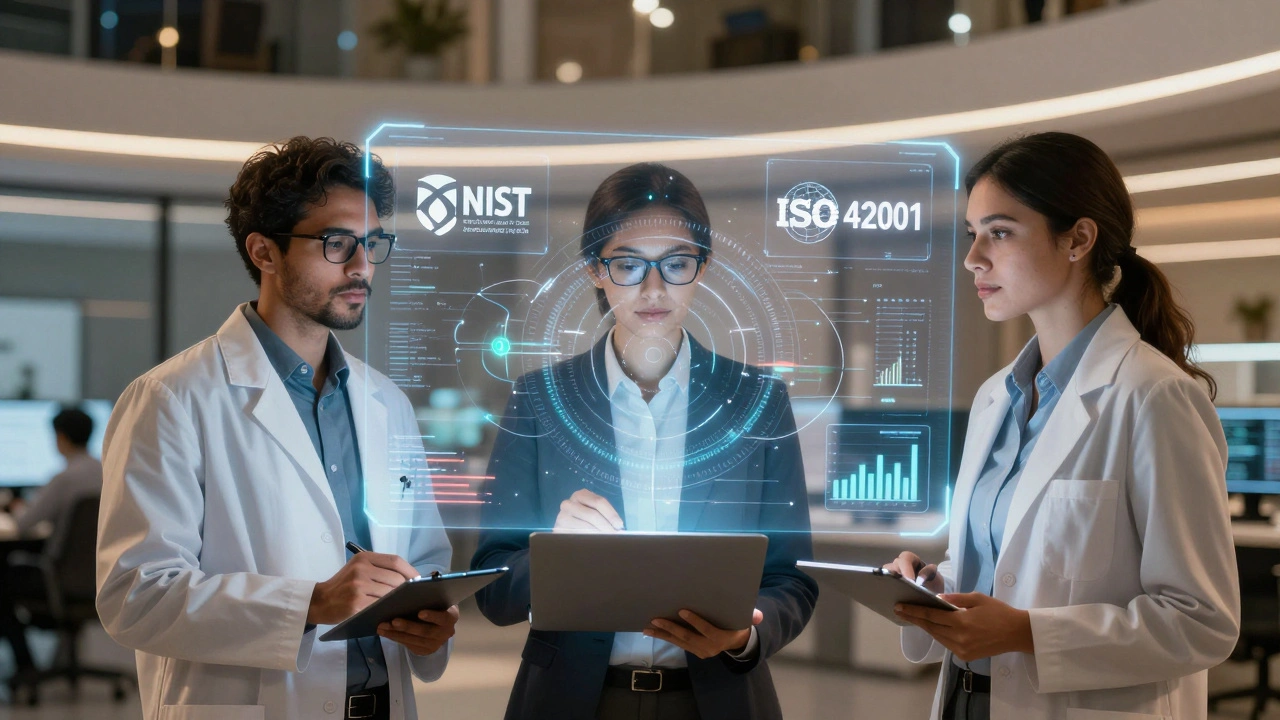 Diverse team reviewing a holographic AI governance roadmap with NIST and ISO logos in a tech environment.