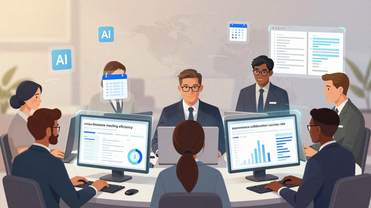 Diverse team working across time zones with digital dashboards tracking collaboration efficiency.