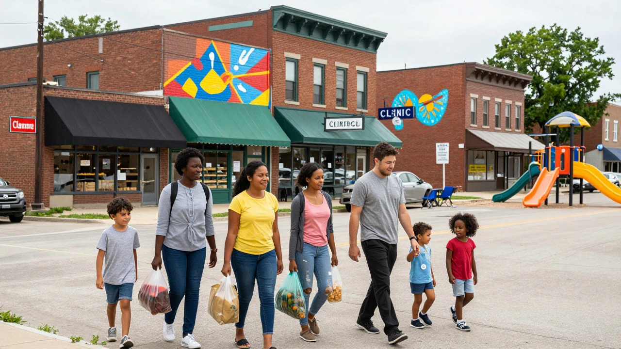 Diverse young families walking through a revitalized small-town street with new businesses and children playing.