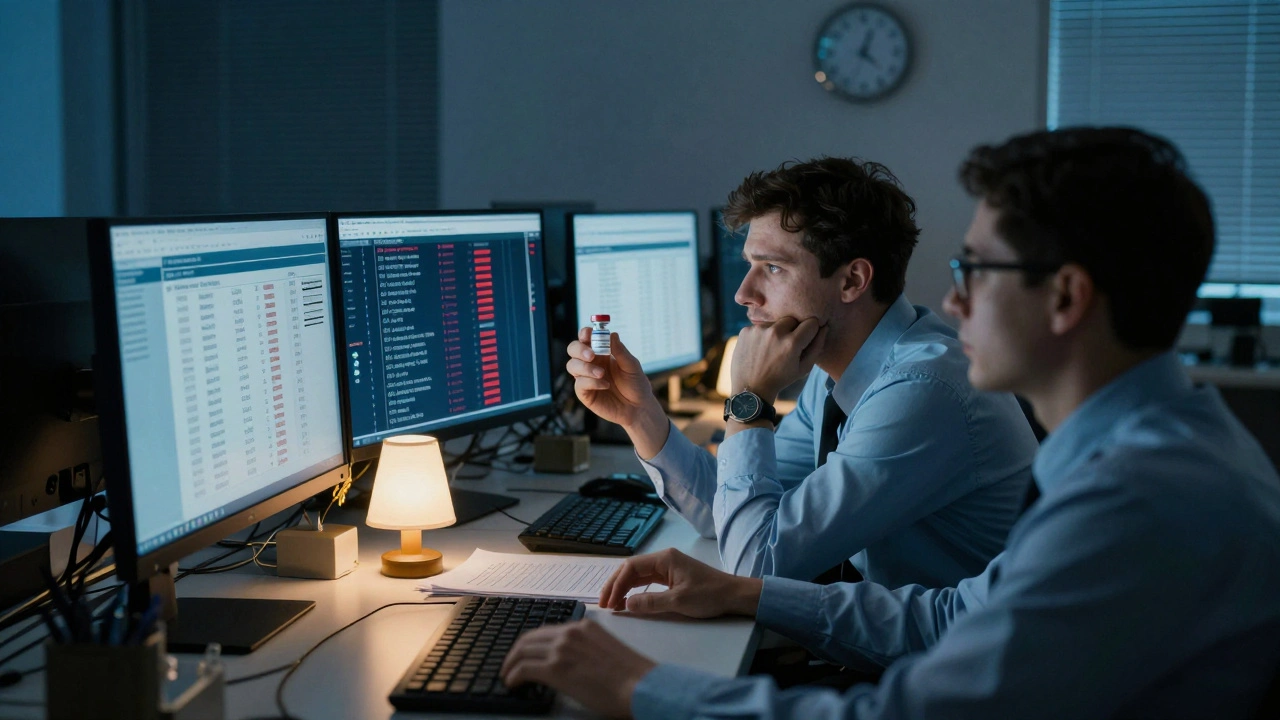 Exhausted compliance officers in a dim office, staring at screens and holding an expired insulin vial.
