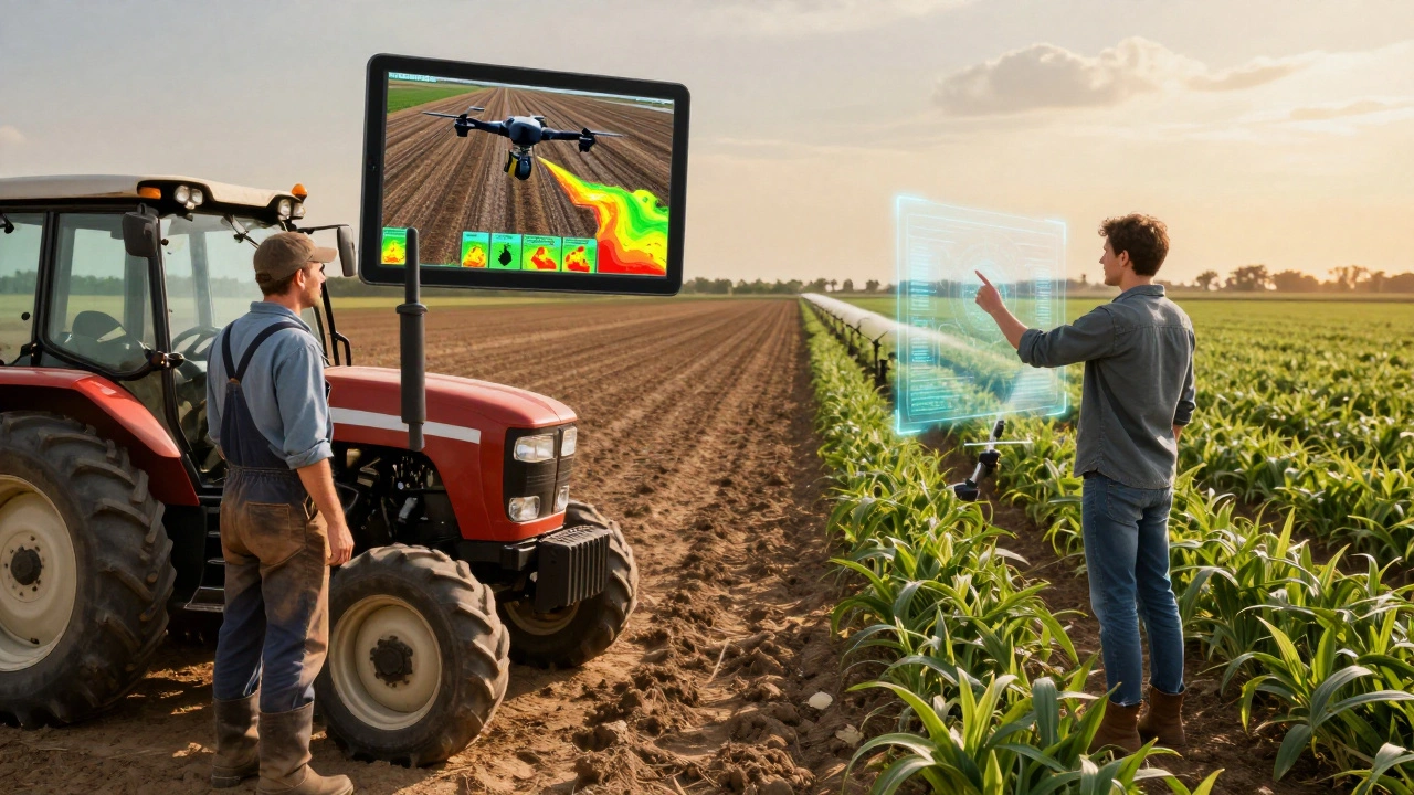 Farmer divided between outdated tractor and AI-driven holographic field monitoring system.
