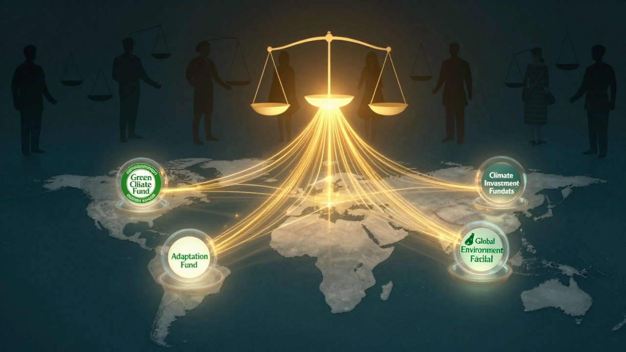 Four climate funds connected as glowing nodes over Global South map, with donor nations casting shadows.