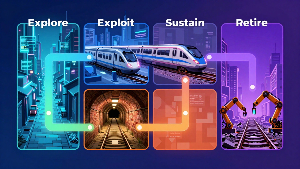 Four colored pathways through a futuristic city representing tech portfolio zones
