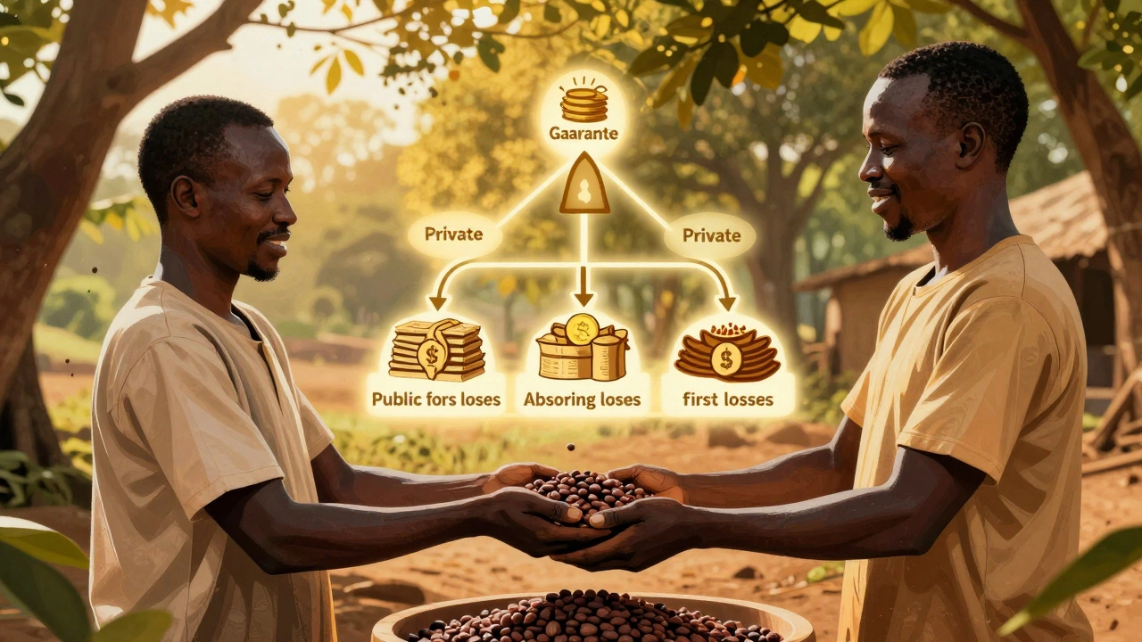 Ghanaian farmers receiving climate finance support through a public-private guarantee structure.