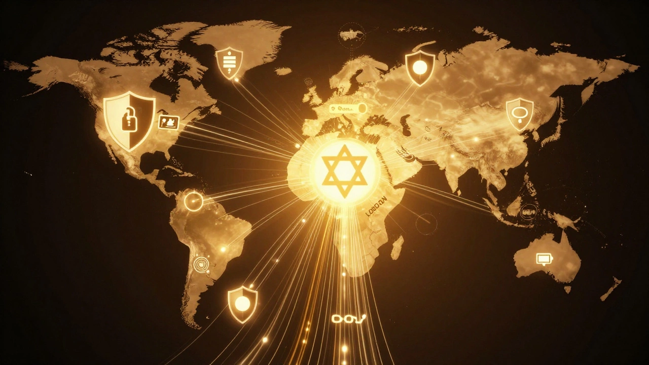 Global network of data flows originating from Israel, connecting to major financial hubs.