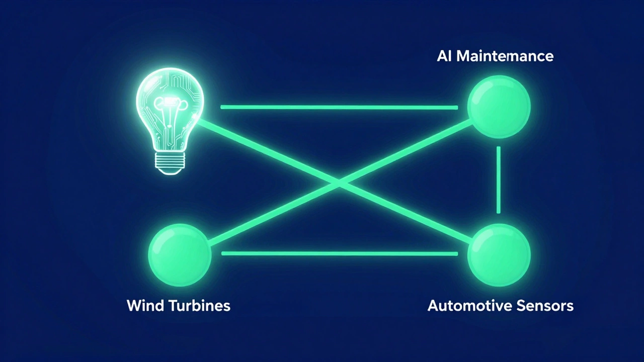 Glowing network graph connecting wind turbine tech with AI maintenance and automotive sensors, representing disruptive cross-industry innovation.