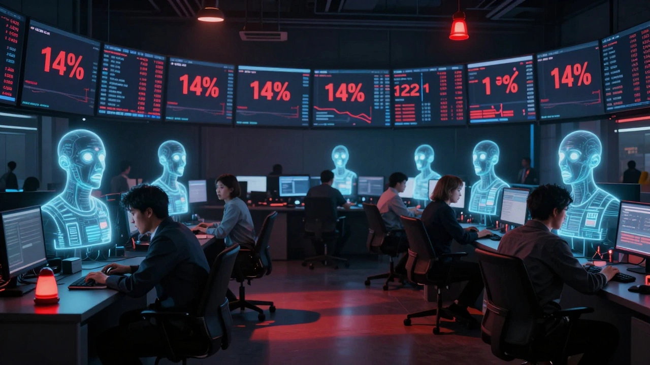 Human traders stunned as AI-driven sell-offs cause Tesla stock to plummet on trading floor screens.