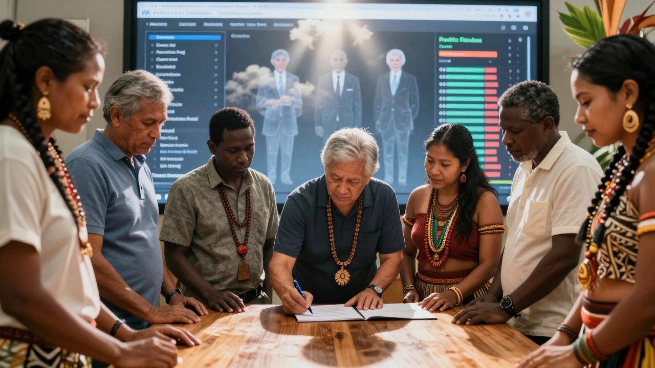 Indigenous and community leaders sign agreement for direct climate funding under sunlight.