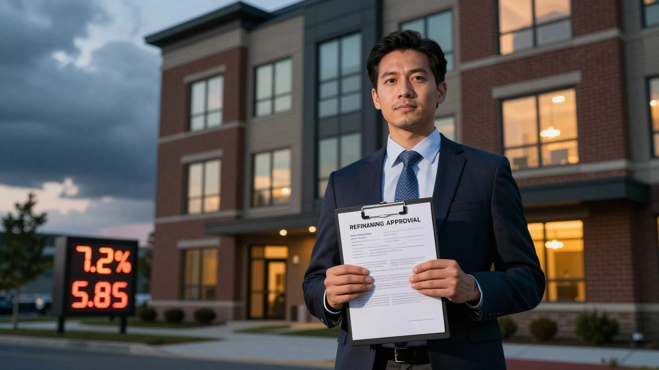 Investor standing before an apartment building with declining mortgage rates displayed nearby.