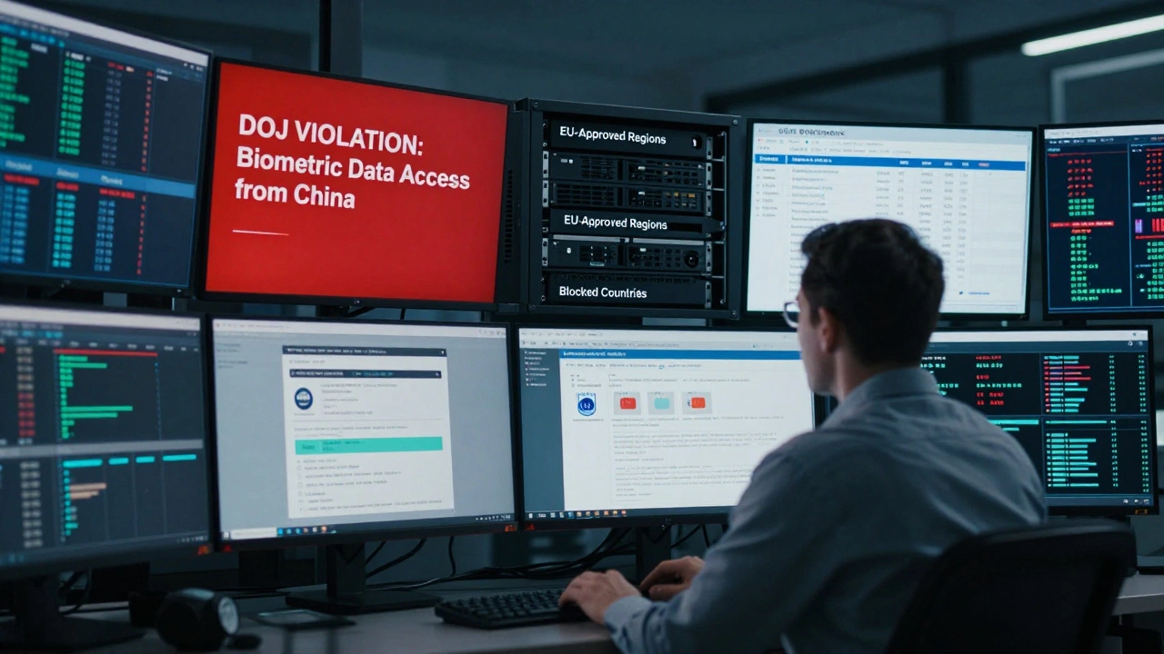 IT engineer monitoring real-time data violations from U.S. and EU compliance systems in a data center.