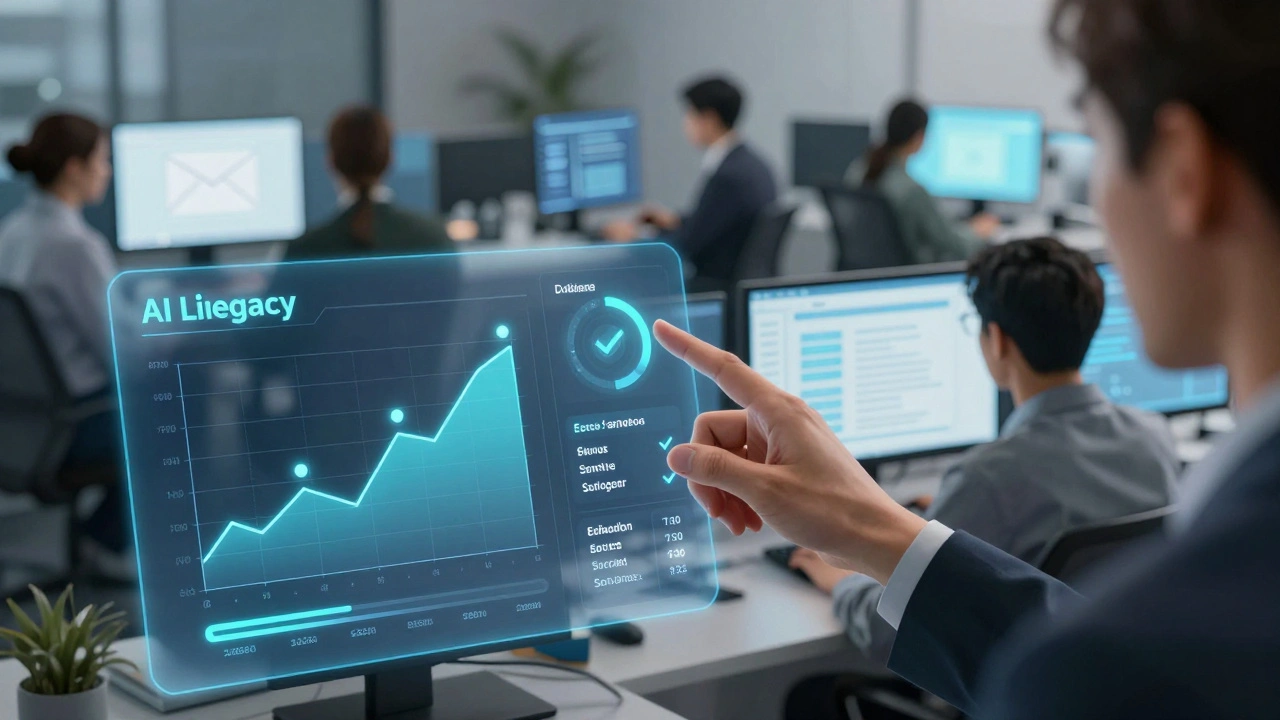 Manager pointing at a dashboard displaying AI literacy metrics while employees use AI tools in daily work.