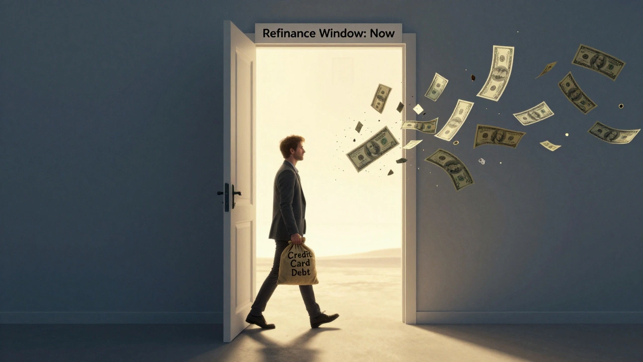 Person stepping through a closing doorway labeled 'Refinance Window', transforming debt into stability.