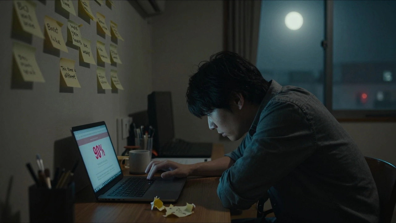 Retail trader stares at account loss notification, walls covered in now-wrong assumptions about yen.