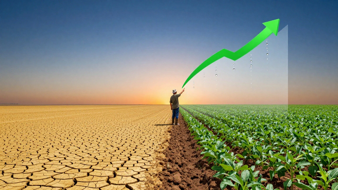 Side-by-side fields: one degraded, one thriving, with carbon and water flowing into the regenerative soil.