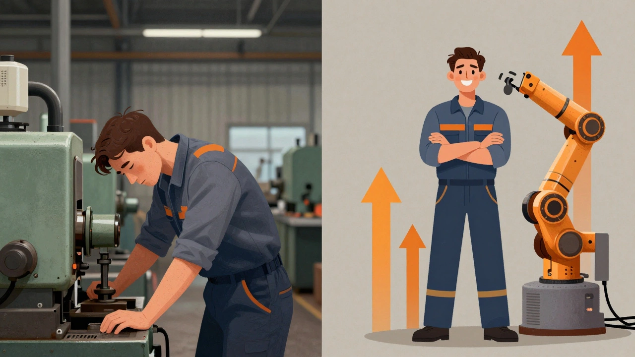 Split image showing a worker transformed from physical strain to empowered technician with robotics.