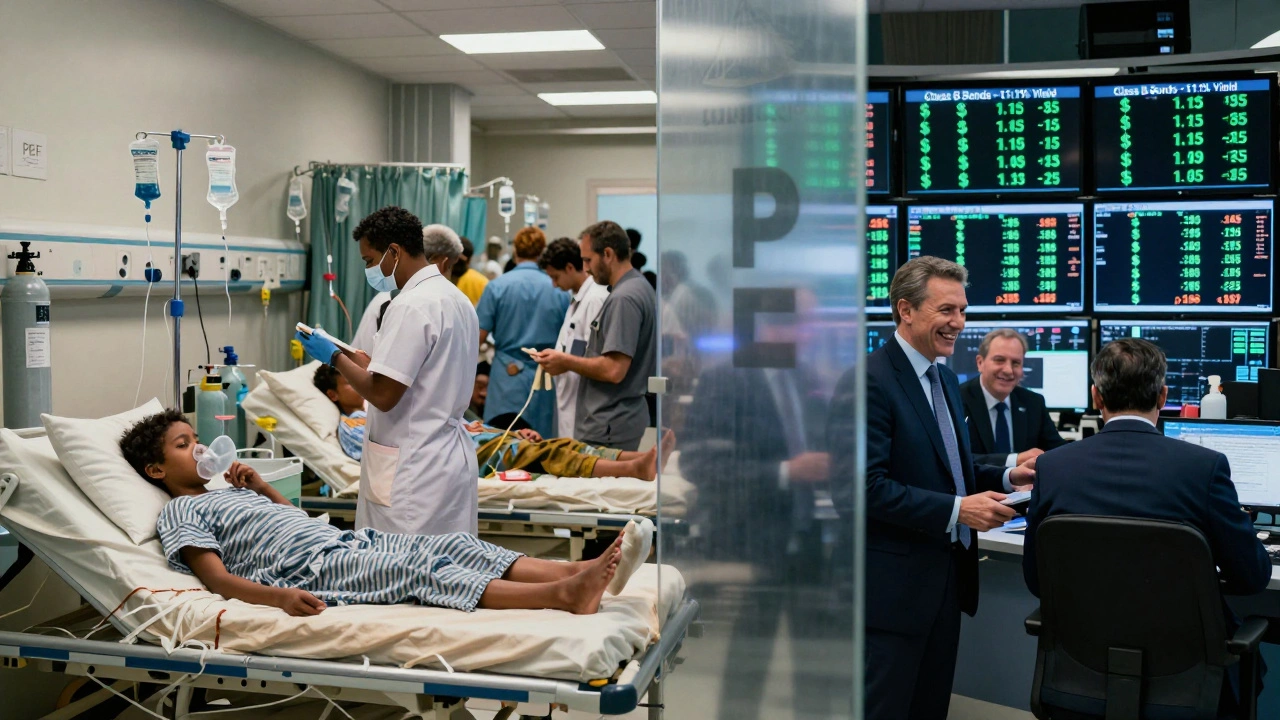 Split scene: a struggling hospital ward on one side, investors celebrating bond yields on the other.