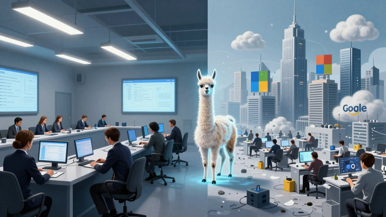 Split scene: EU regulators audit AI systems on one side, U.S. startups fight for cloud access on the other, with an open-source model caught in between.