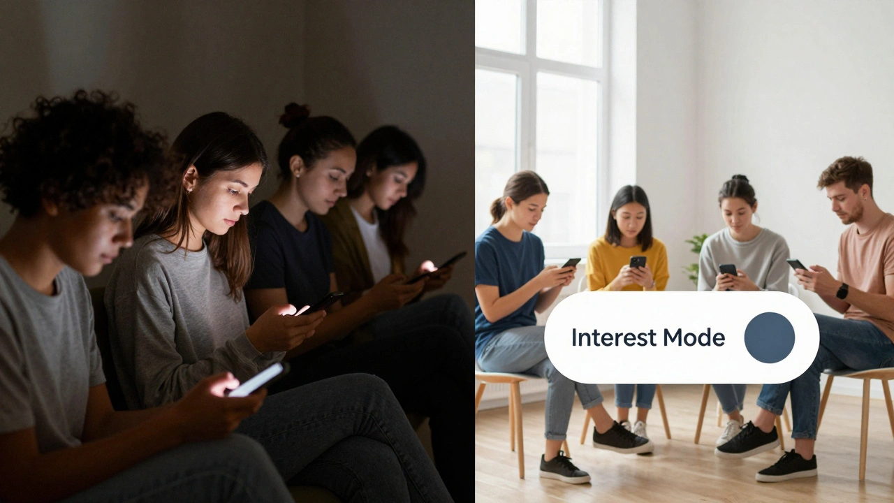 Split scene: people passively scrolling on phones vs. choosing varied feeds with a toggle switch.
