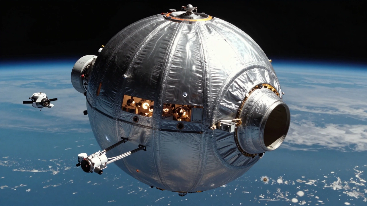 Starlab&#039;s large inflatable space station unfolding in orbit, with docked spacecraft and faint internal bioreactors glowing.