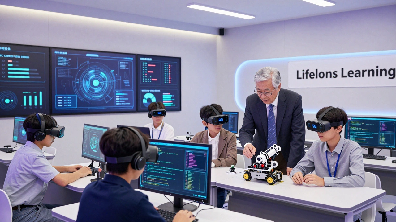 Students and elderly workers learning AI and coding together in a futuristic classroom.