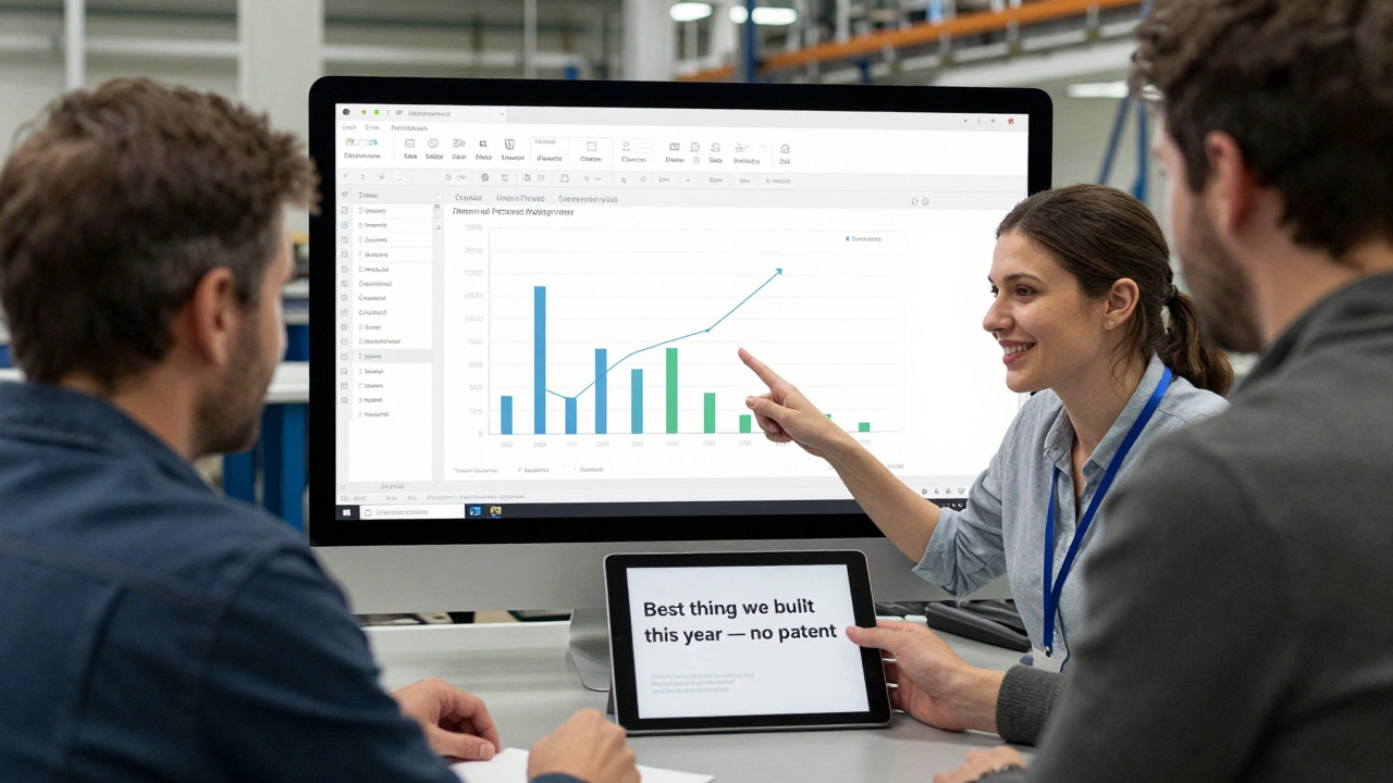 Team reviewing a simple Excel dashboard showing internal process adoption rates in a manufacturing plant, with a handwritten survey note visible.