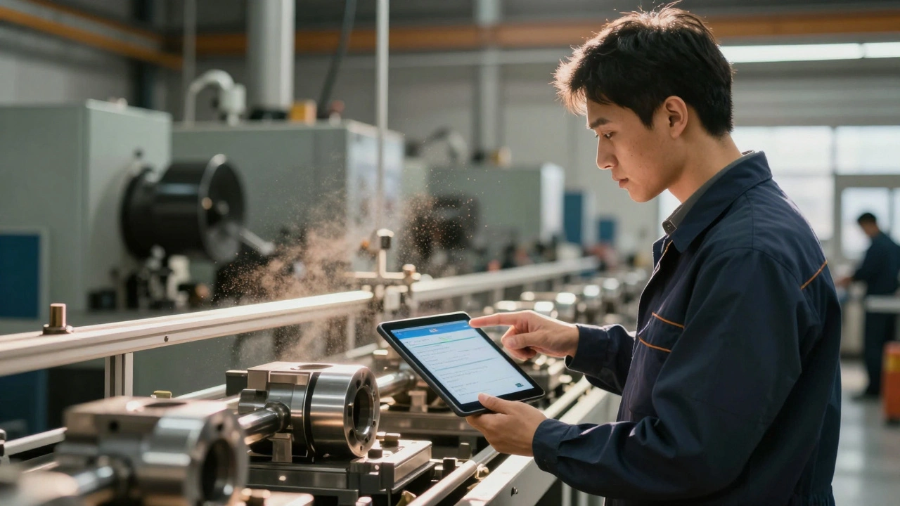 Technician inspecting production line anomaly flagged by AI system