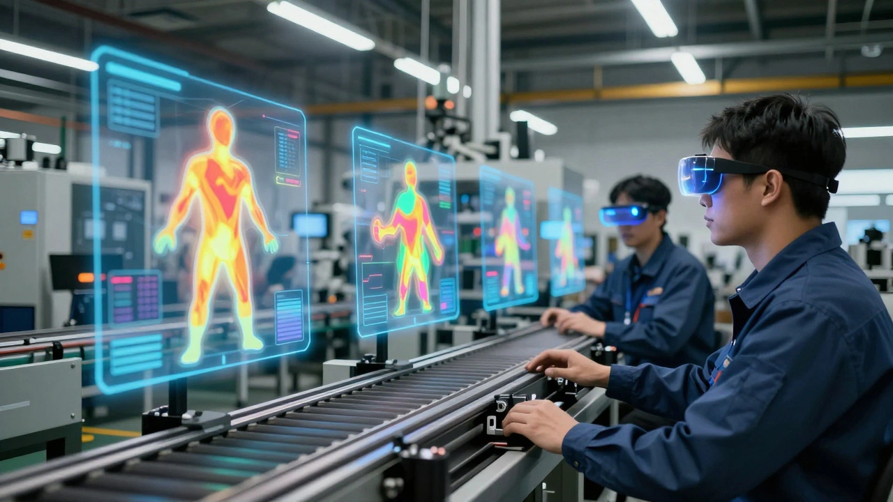 Technicians using AR glasses to view live digital twins of factory machinery overlaid on real equipment.
