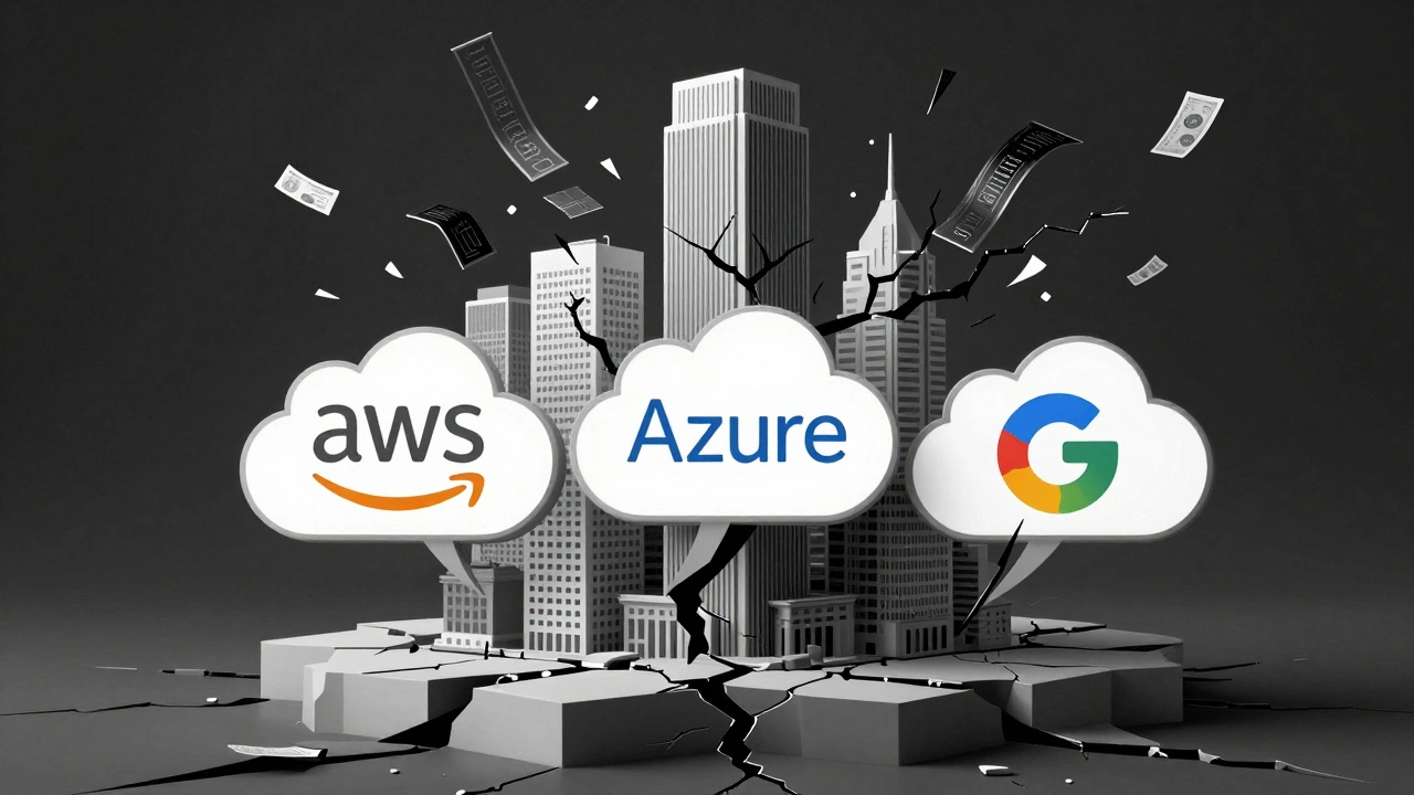 Three dominant cloud providers holding up a collapsing financial system, with data streams turning into market collapse.