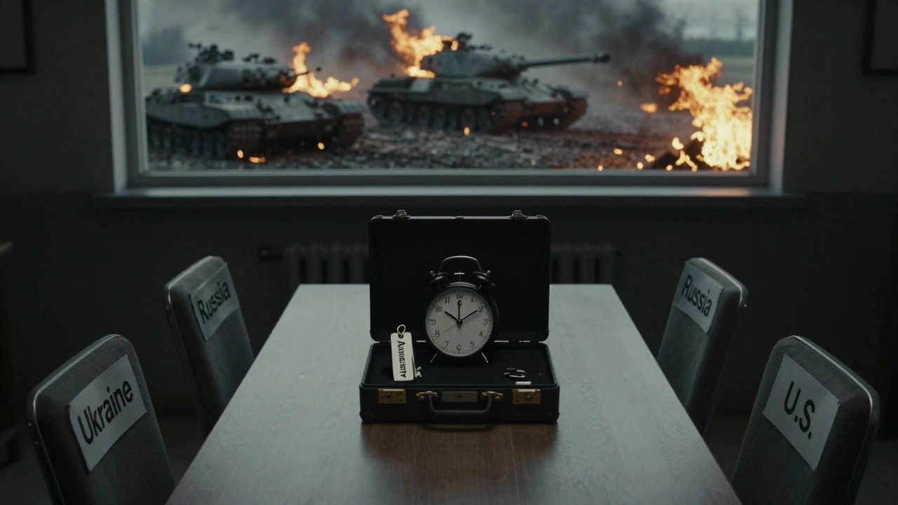 Three empty chairs at a table under dim light; a briefcase on the U.S. side reveals only a ticking clock and a key labeled &#039;Amnesty&#039;.