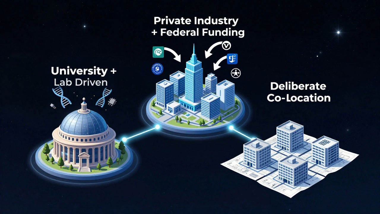 Three interconnected models of innovation clusters: university, private industry, and planned co-location, linked by glowing threads.