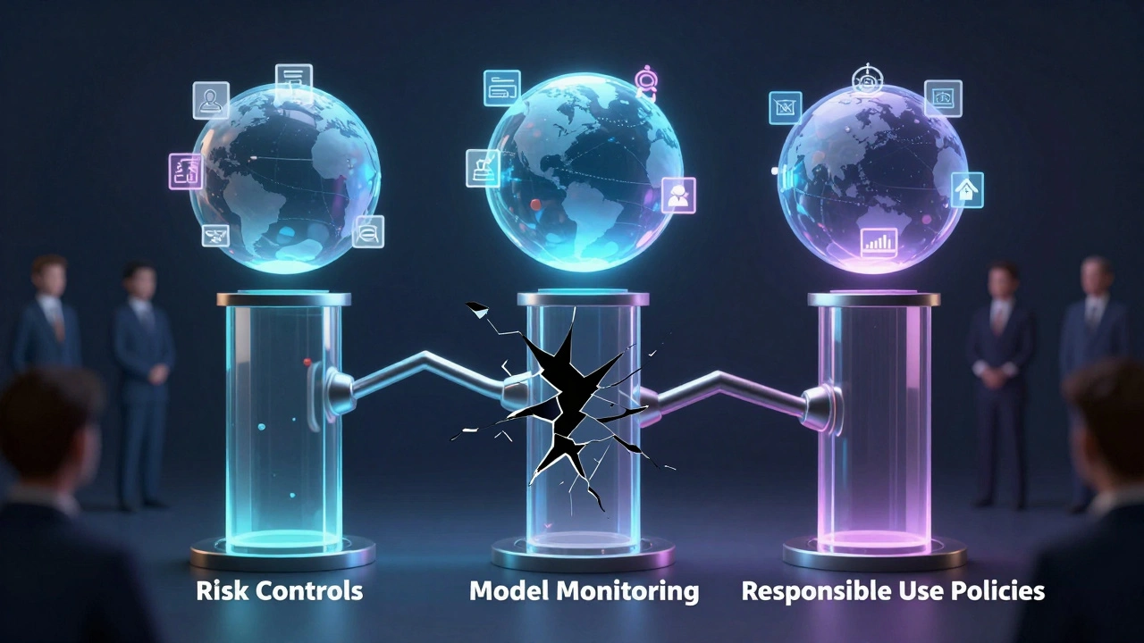 Three interconnected pillars representing AI governance components, one cracked, with global system icons above.