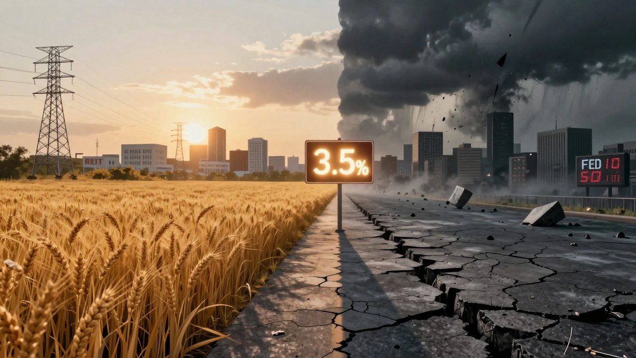 Two contrasting economic scenarios: a peaceful landscape for soft landing and a stormy city for recession, divided by a glowing 3.5% Fed rate path.