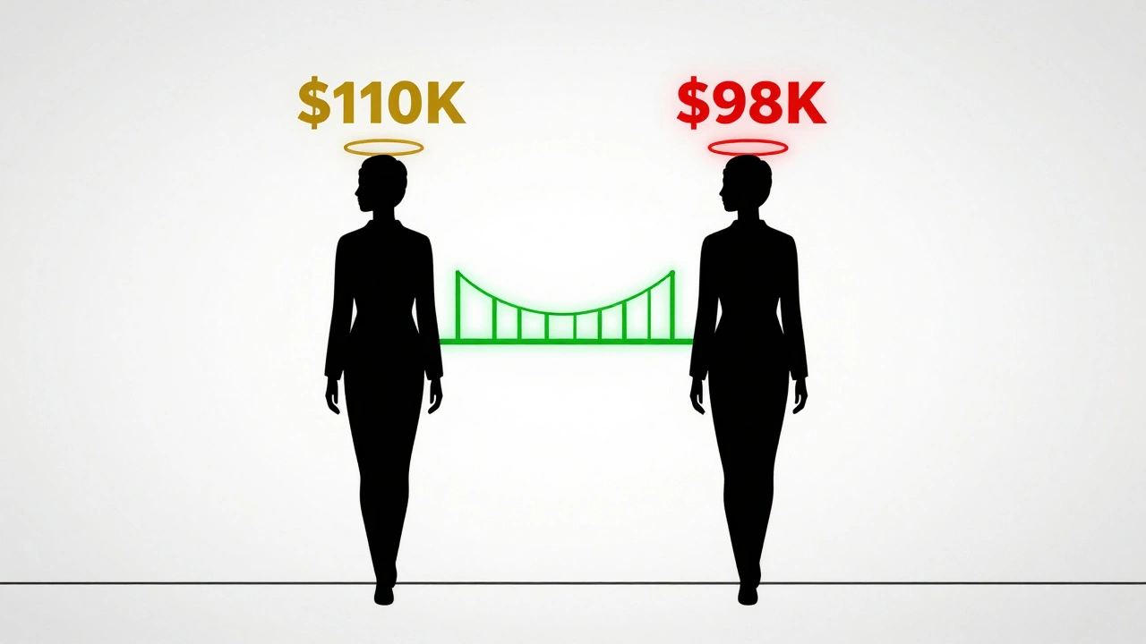 Two identical employees with unequal pay halos connected by a data bridge symbolizing equity correction.