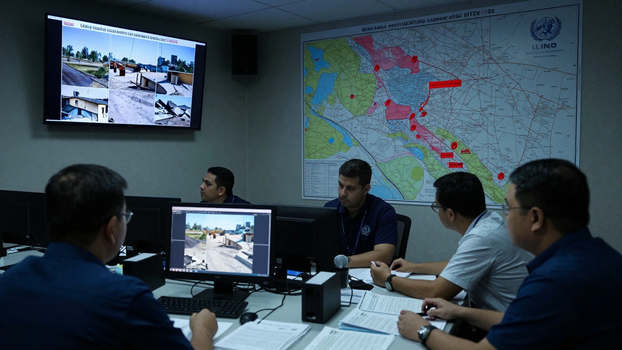 UN staff face budget countdowns and unpaid invoices in a dim command center filled with maps.