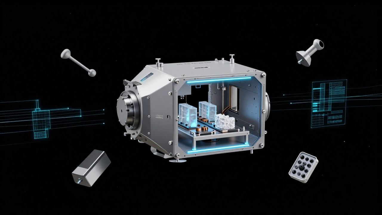 Vast&#039;s Haven-1 microgravity lab module in orbit with scientific racks and glowing data streams floating inside.