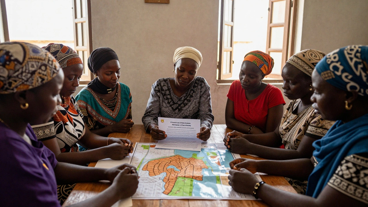 Women in Senegal reviewing climate adaptation bond plans with local bankers.