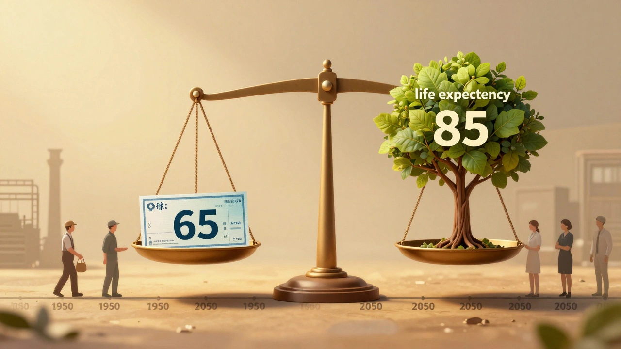 A balance scale with pension and life expectancy on either side, silhouettes of workers along a timeline from 1950 to 2050.