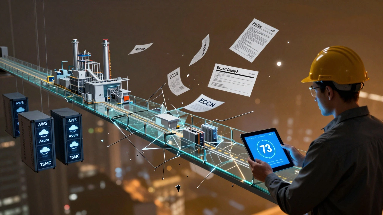 A broken glass supply chain bridge with cloud servers, license forms, and a weary engineer facing a 73-day wait timer.