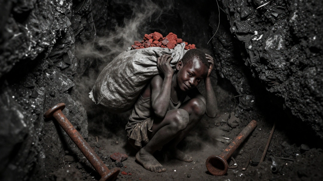 A child in a dark cobalt mine in the Democratic Republic of Congo carries a heavy sack of ore, illuminated by a single beam of light.