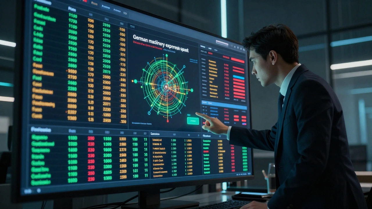 A compliance officer reviewing AI-generated risk alerts on a digital dashboard showing hidden ownership chains.