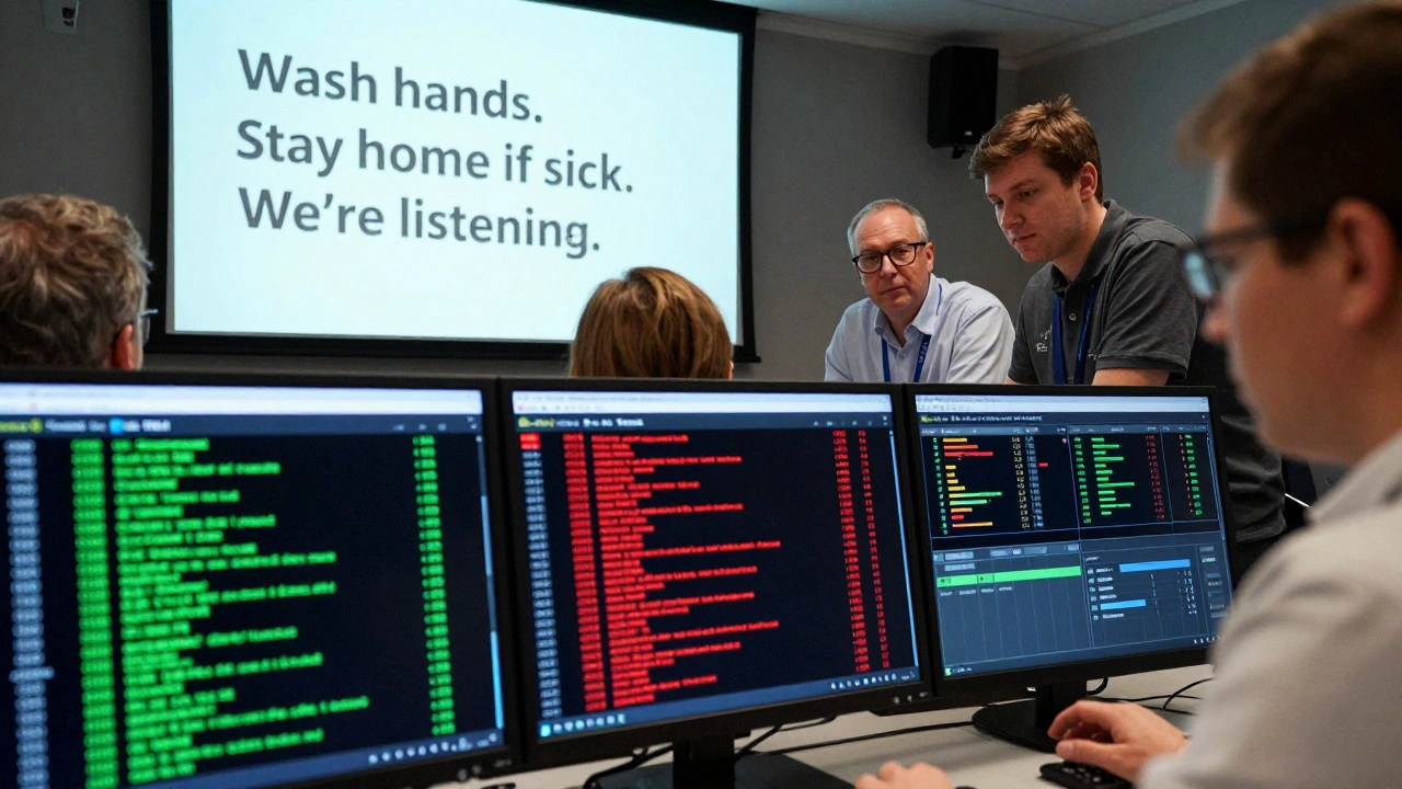 A control room dashboard with real-time social media analytics being monitored by a diverse team of health experts.