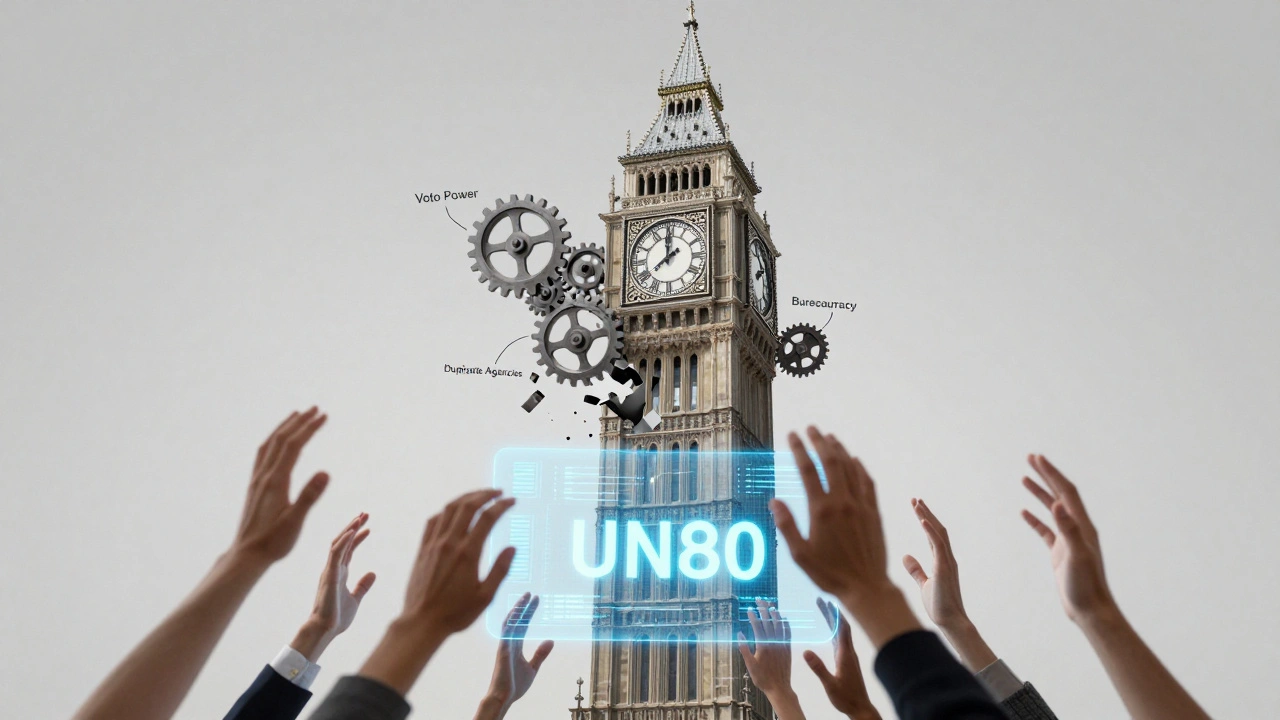 A crumbling old UN clock tower collapses as a glowing new UN80 digital system rises beneath it.