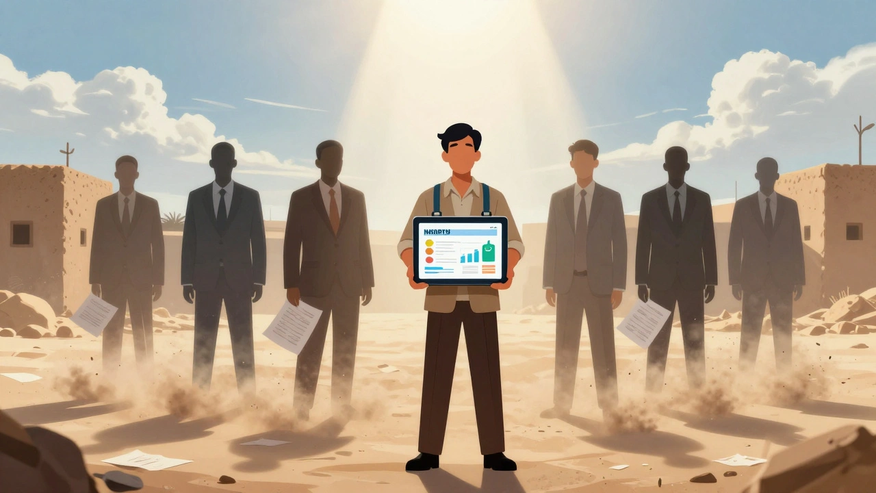 A field worker in Yemen uses a tablet showing integrated crisis data, while bureaucratic figures fade behind them.