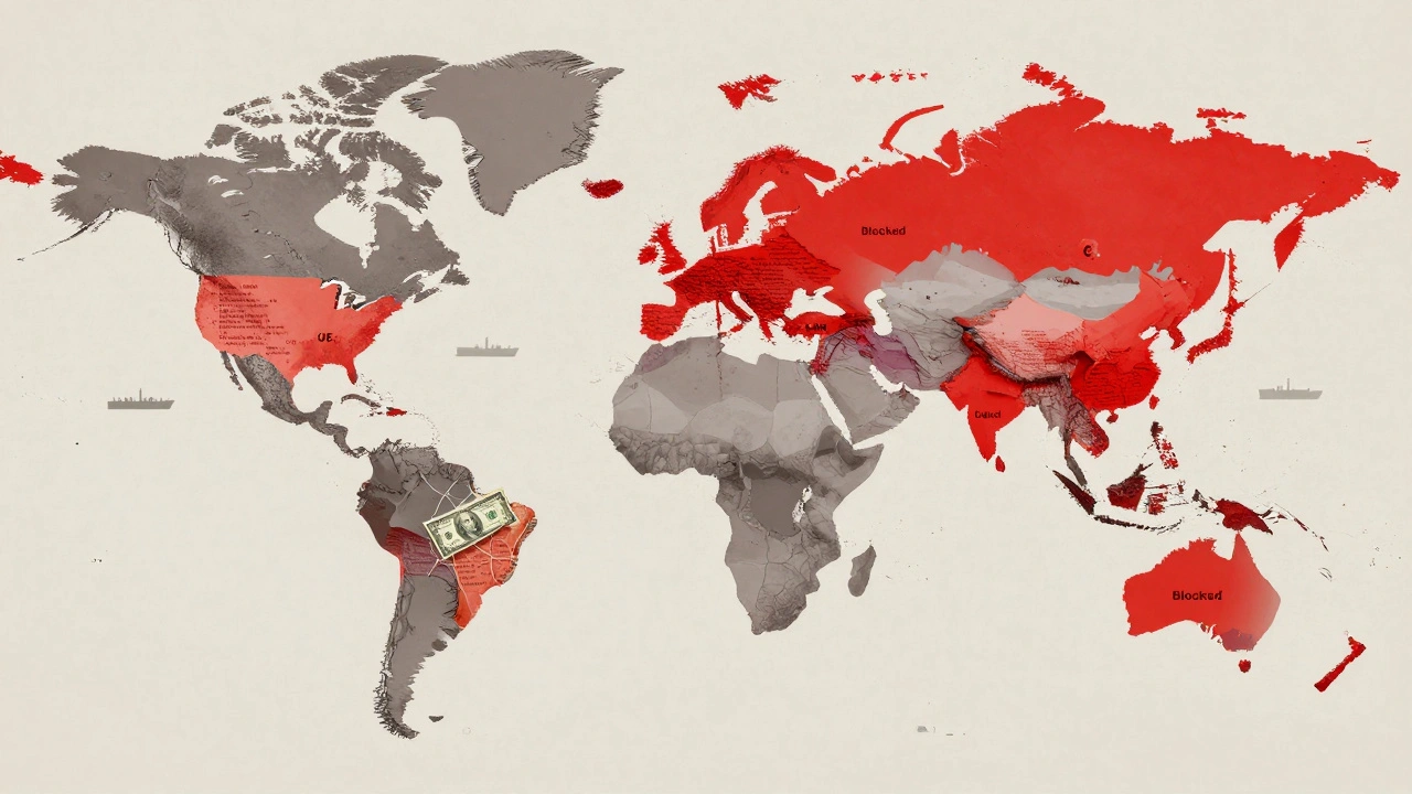 A fractured global financial map with blocked regions and shadow fleets evading detection.