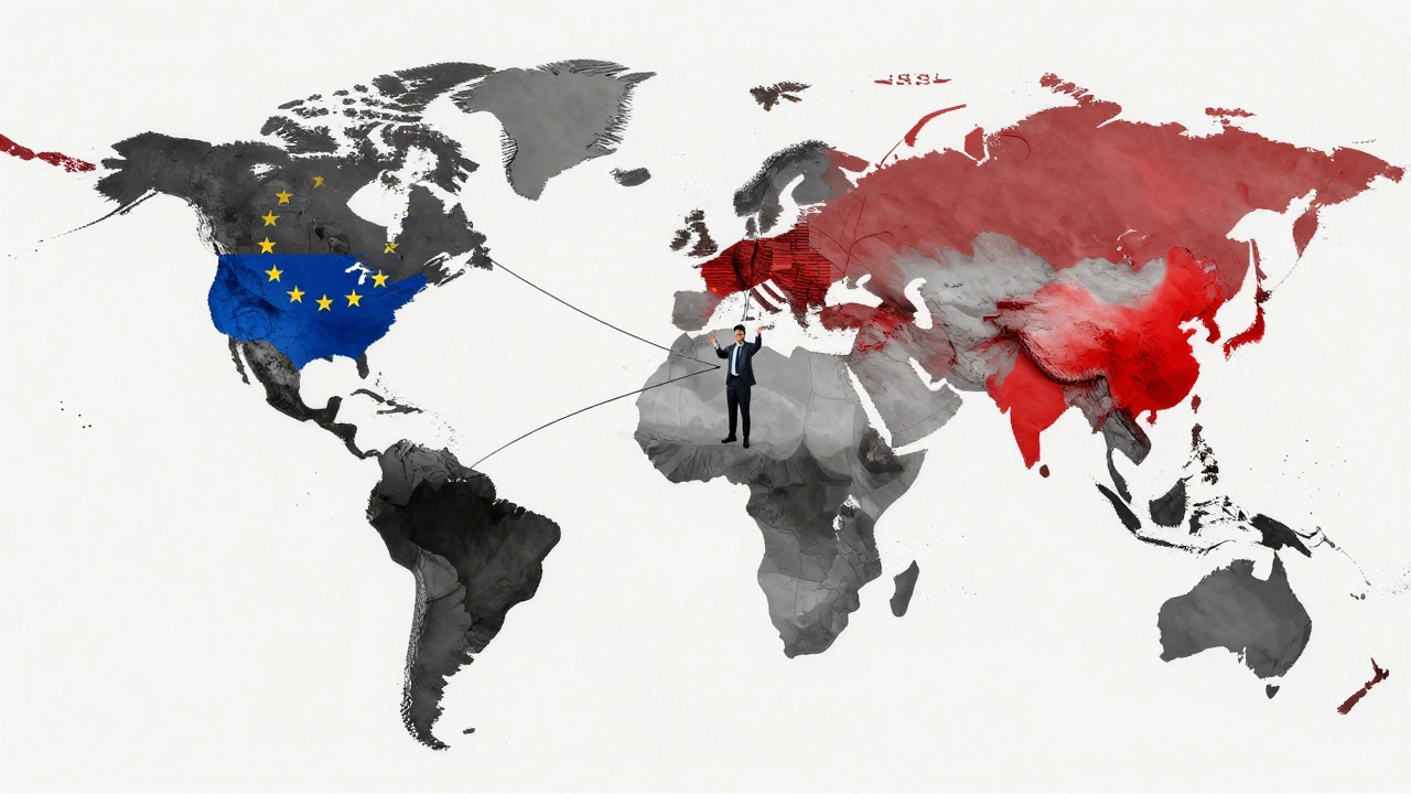 A fractured globe with conflicting regional sanctions zones, held together by a fragile thread.