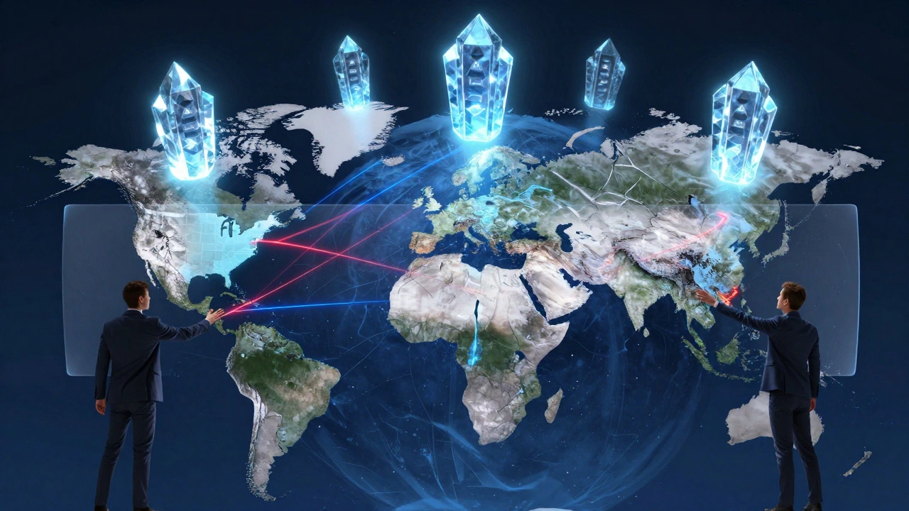 A fractured globe with glowing AI model weights separated by red and blue restriction lines.