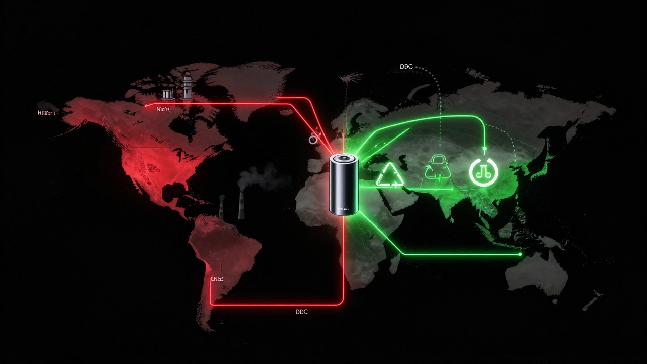 A global supply chain map showing critical minerals flowing to China and recycling centers, with a battery at the center under contrasting industrial and sustainable symbols.