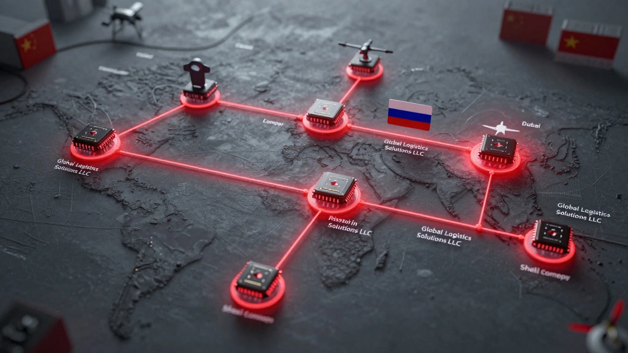 A global supply chain map showing microchips routed through China and Dubai to Russian drone factories.